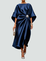 Women's Cocktail Dress | Midi Satin Draped Brooch Closure