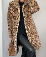 Women's Fur Coat | Leopard Print Collarless Open Front Long