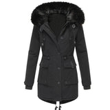 Women's Fur Coat | Hooded Parka Faux Fur Trim Button Front