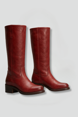 Women's Block Heel Boots | Mid-Calf Shaft Rounded Toe Leather Pull-On