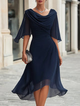 Women's Cowl Neck Midi Dress | Midi Length Cape Sleeves Ruched