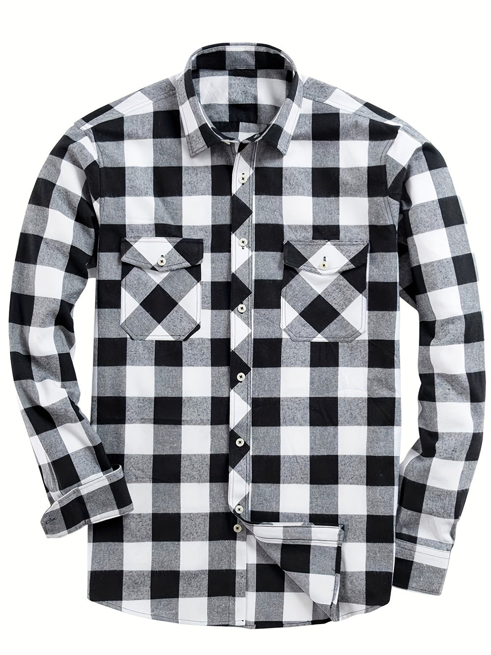 Men's Flannel Top | Plaid Pattern Button-Front Lapel Collar