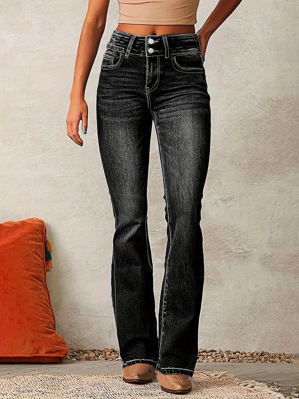 Women's Jeans | High Waisted Flared Leg Denim Double Button