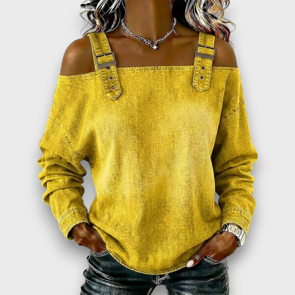 Women's Off The Shoulder Top | Denim Buckle Strap Long Sleeve