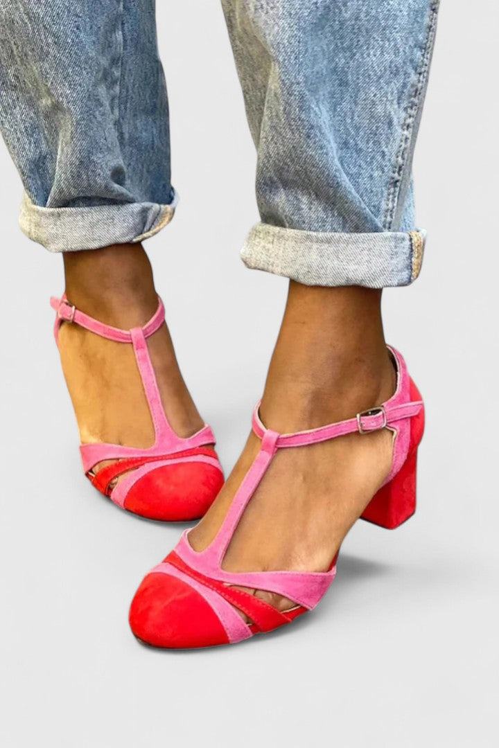 Women's Heels | T-strap Block Heel Suede Ankle Buckle