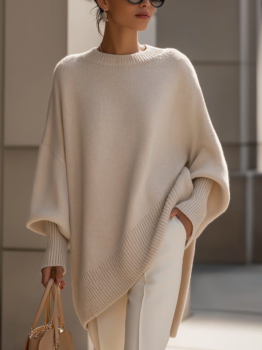 Women's Sweater | Poncho Style Batwing Sleeve Knit Asymmetric Hem