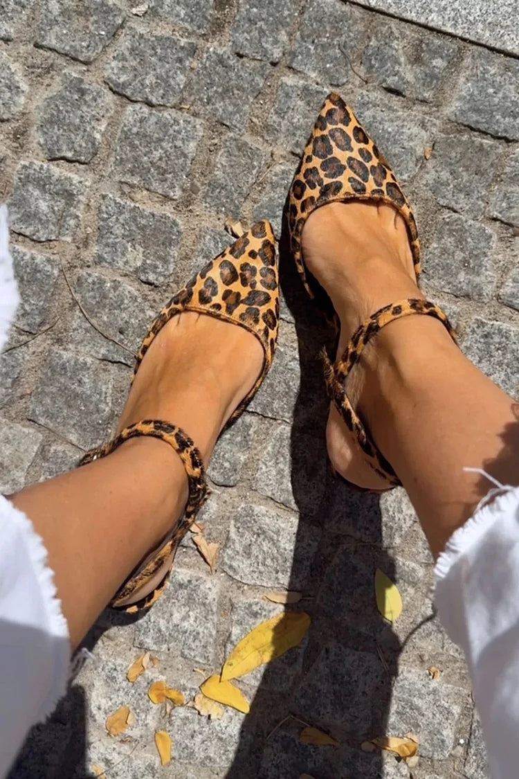 Women's Ballet Flats | Pointed Toe Ankle Strap Calf Hair Leopard Print
