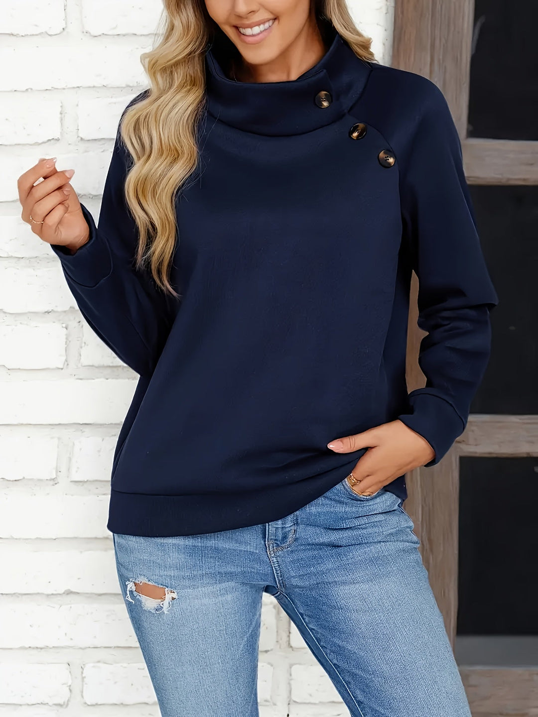 Women's Sweatshirt | Stand Collar Button Detail Long Sleeve Relaxed Fit