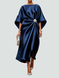 Women's Cocktail Dress | Midi Satin Draped Brooch Closure