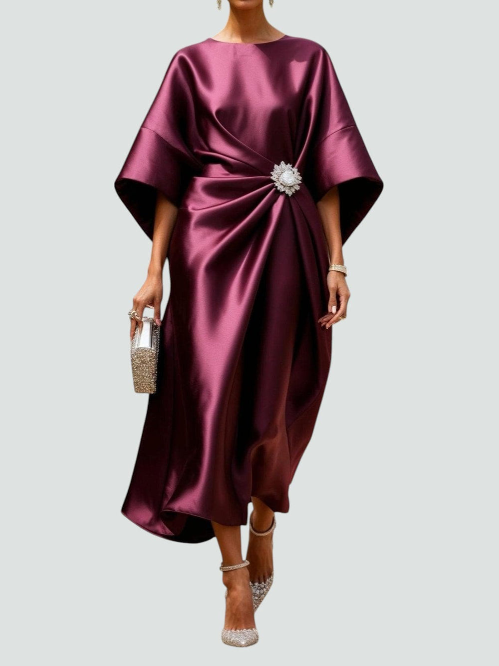 Women's Cocktail Dress | Midi Satin Draped Brooch Closure