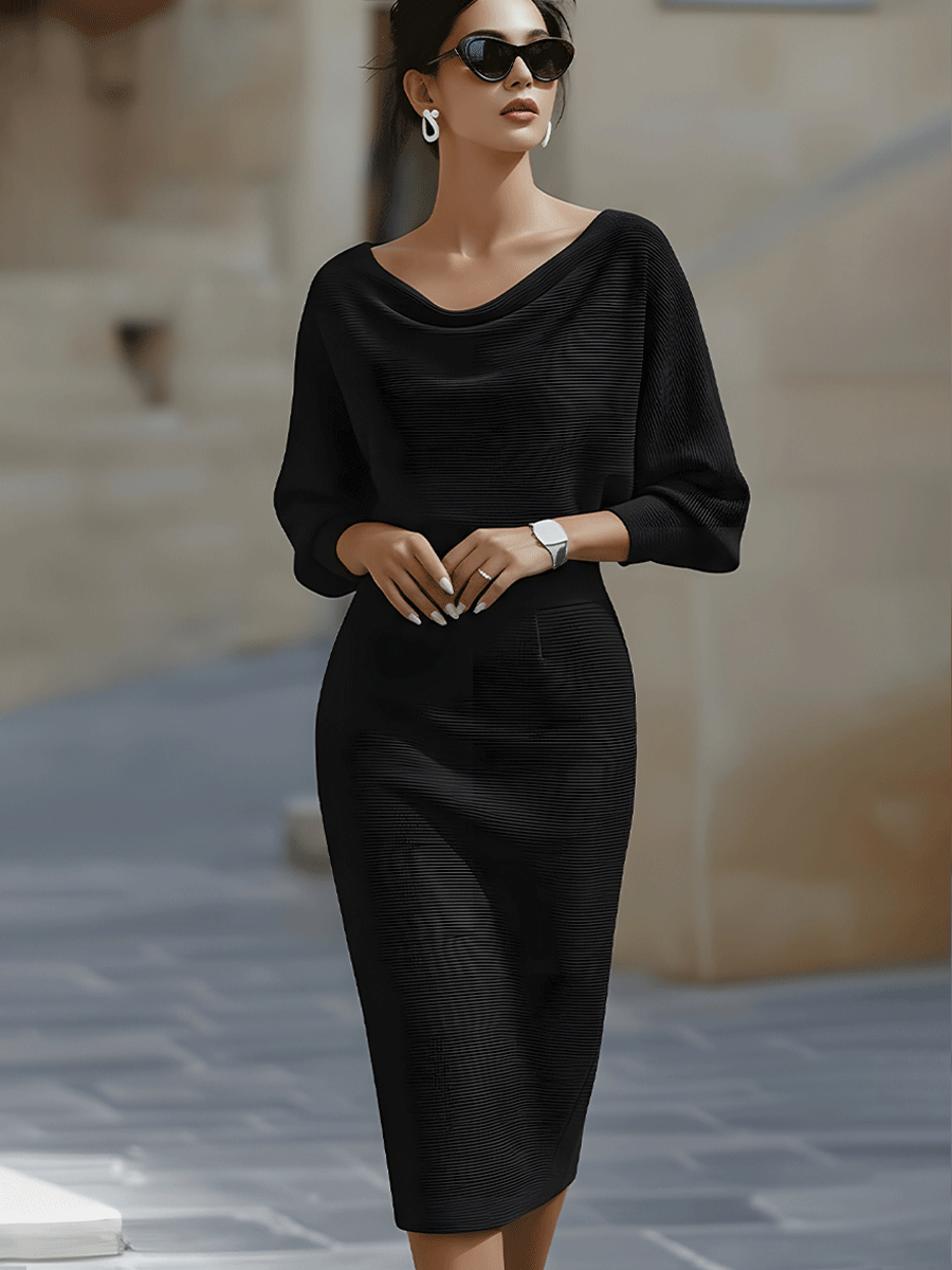 Women's Black Little Black Dress | Midi Cowl Neck Knit Bodycon