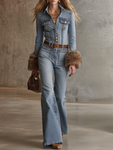 Women's Wide Leg Jeans | Collared Denim Jumpsuit Flared Leg