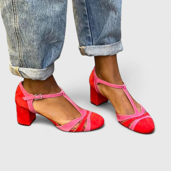 Women's Heels | T-strap Block Heel Suede Ankle Buckle