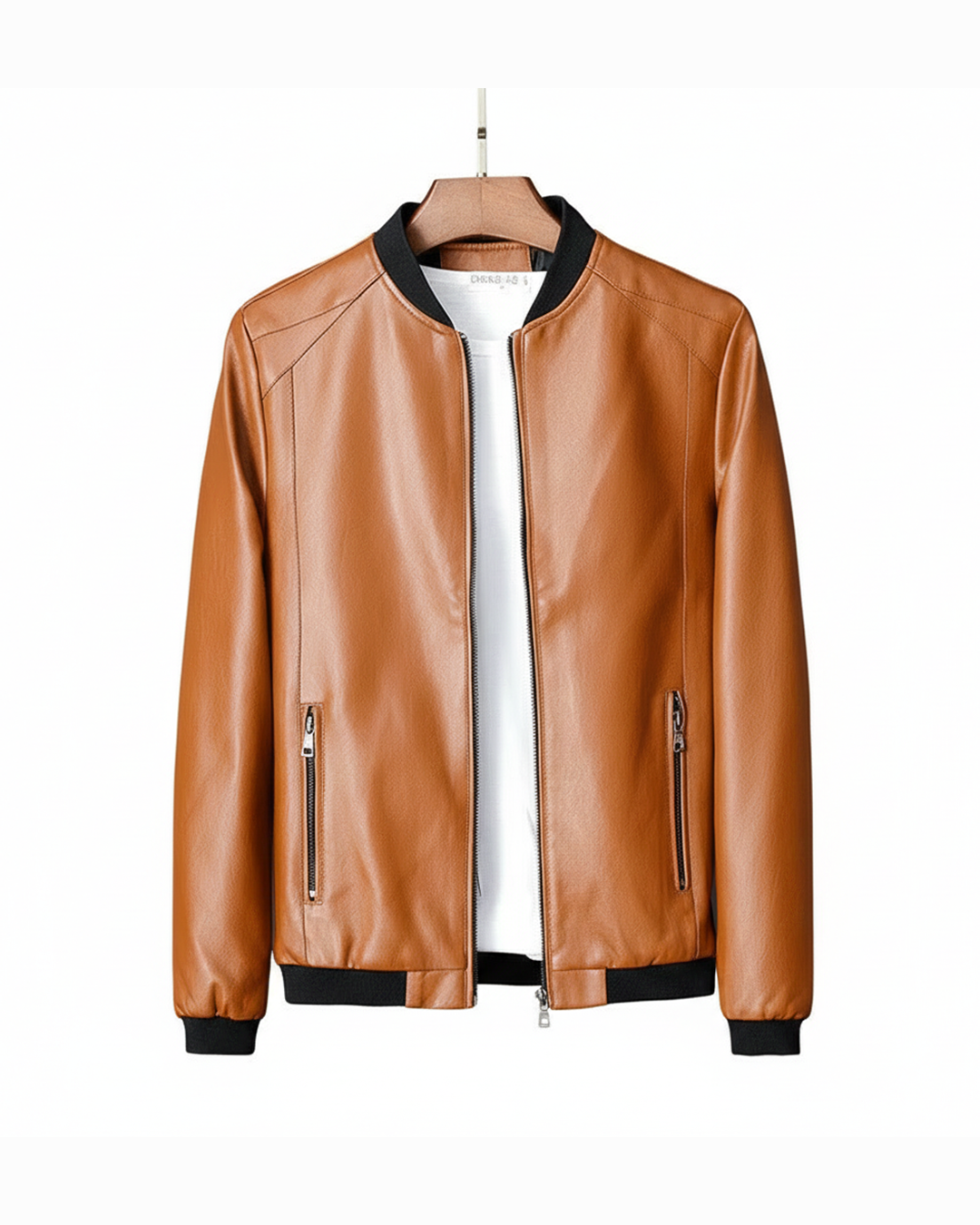 Men's Leather Jacket | Bomber Collar Zip Closure Ribbed Hem