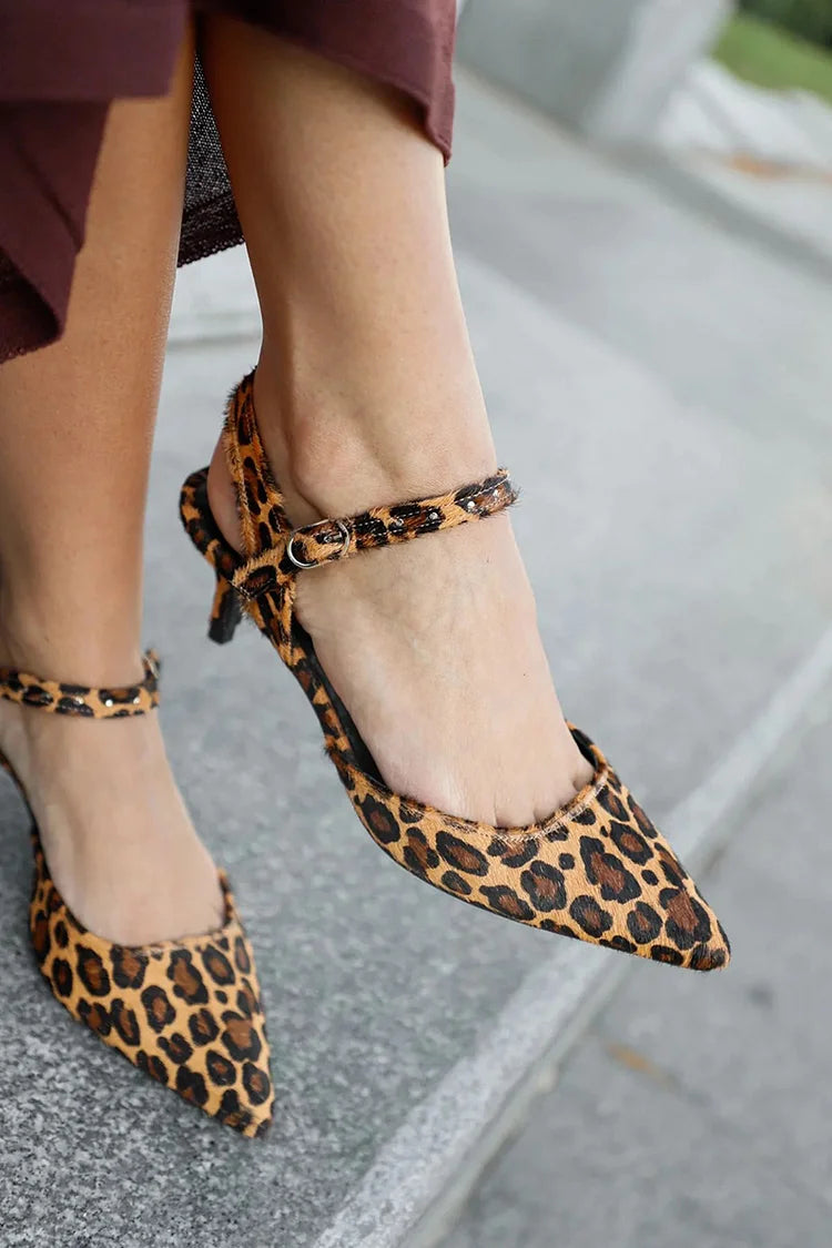 Women's Ballet Flats | Pointed Toe Ankle Strap Calf Hair Leopard Print