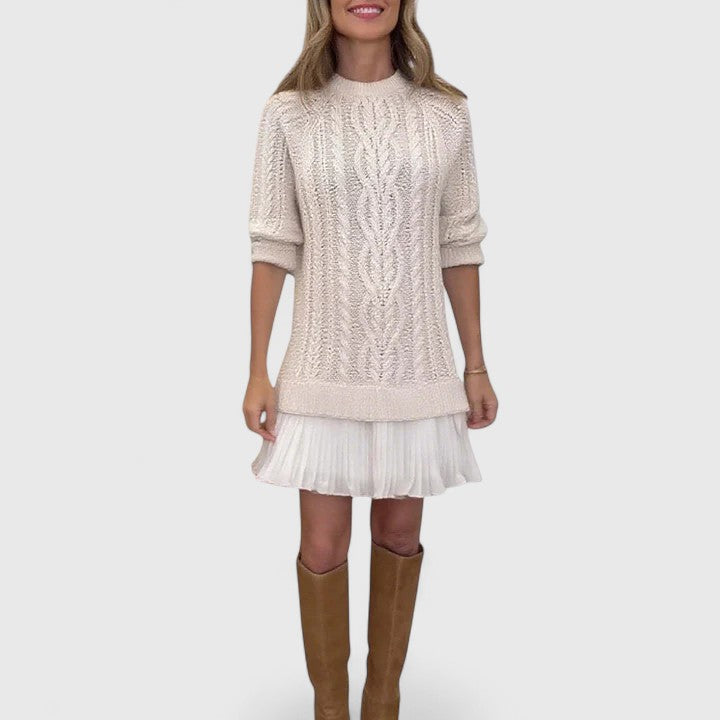 Women's Mini Sweater Dress | Midi Length Cable Knit Crew Neck Raglan