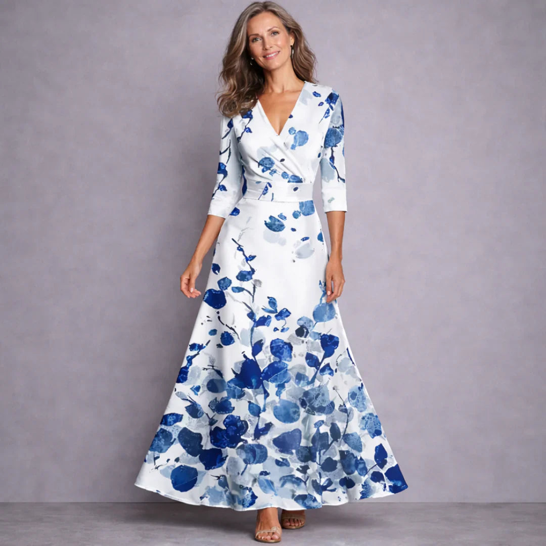 Women's Maxi Dress | Wrap Front V Neck Mid Sleeve Floral Print