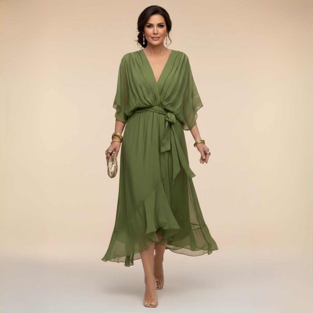 Women's Black Dress | Midi Wrap V-Neck Batwing Sleeve Belted