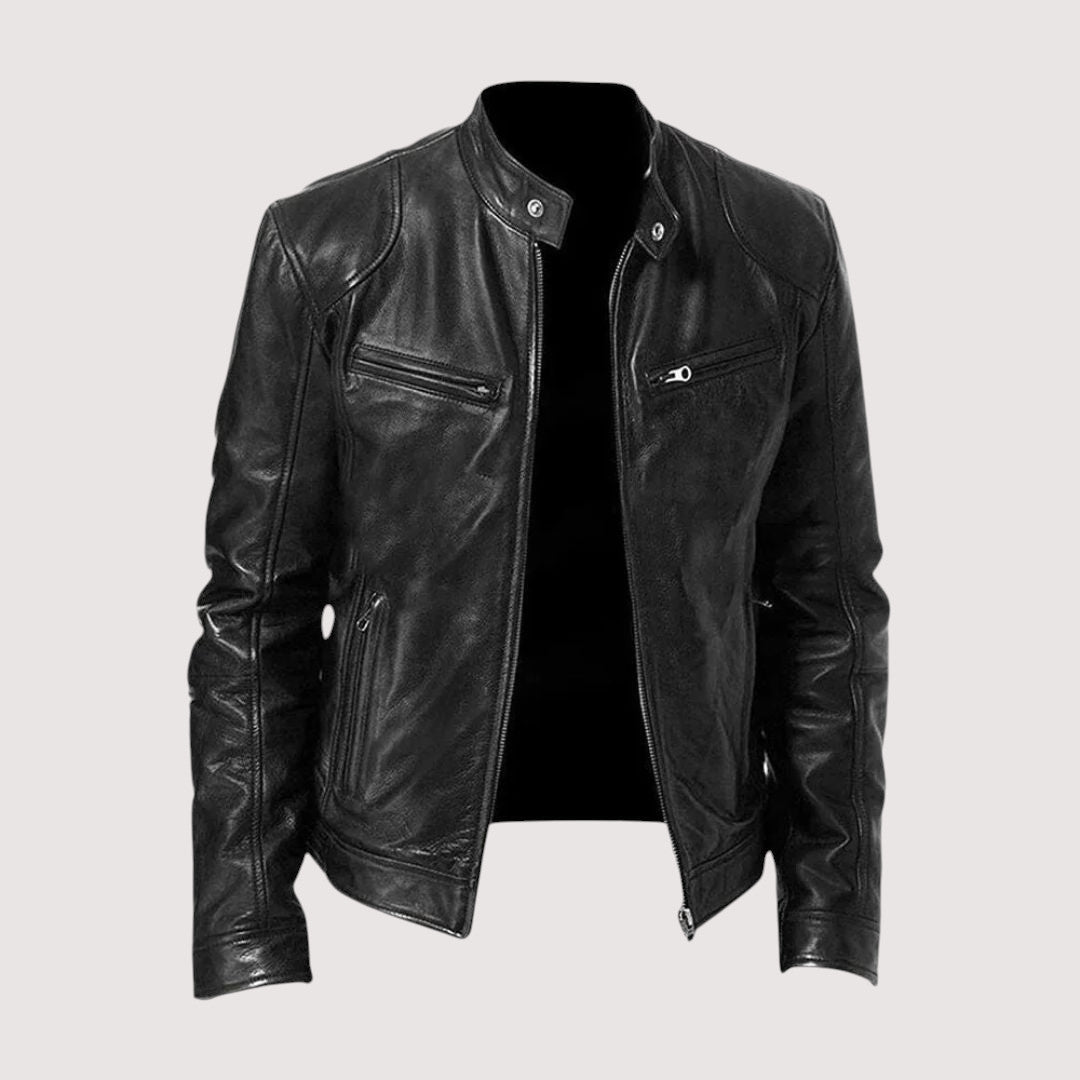 Men's Leather Jacket | Stand Collar Zip Closure Chest Pockets Slim Fit