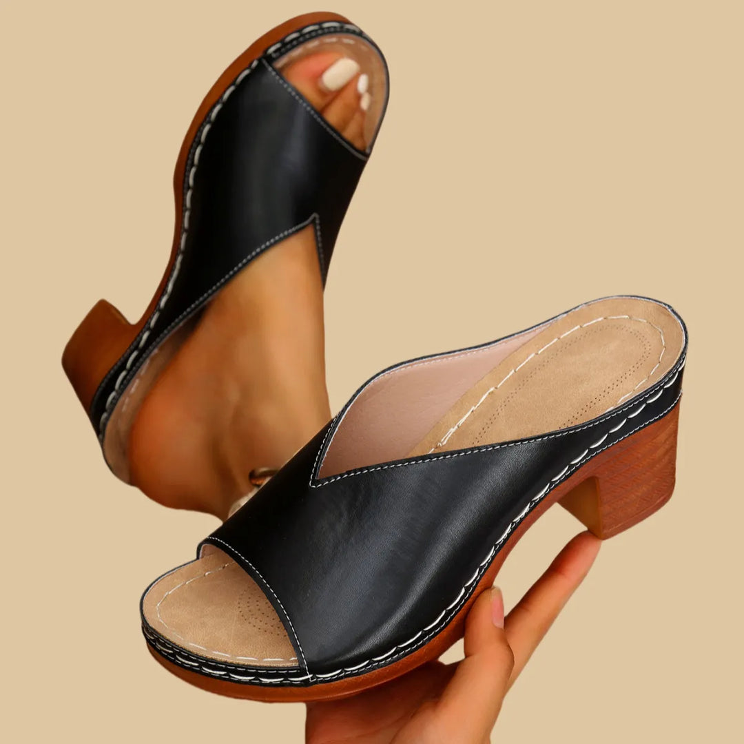 Women's Stiletto | Open Toe Block Heel Stitched Slide Sandals