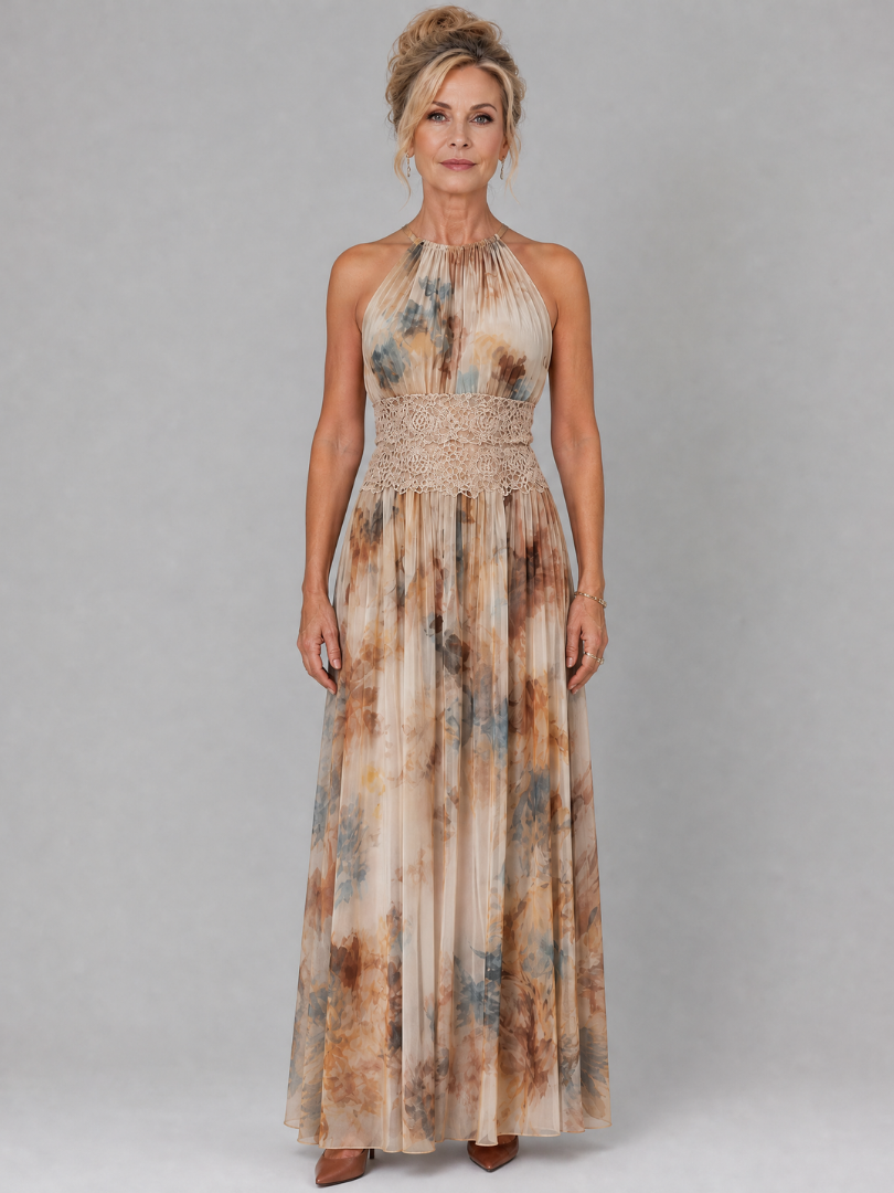 Elavenue | Halter Neck Lace Waist Maxi Dress