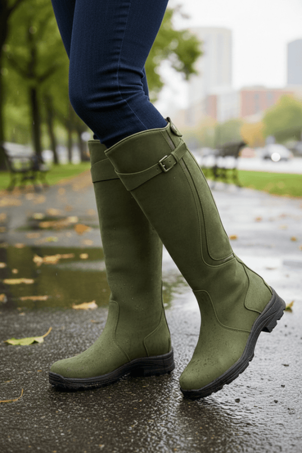 Women's Waterproof Boots | Knee-High Buckle Strap Suede Zip Closure