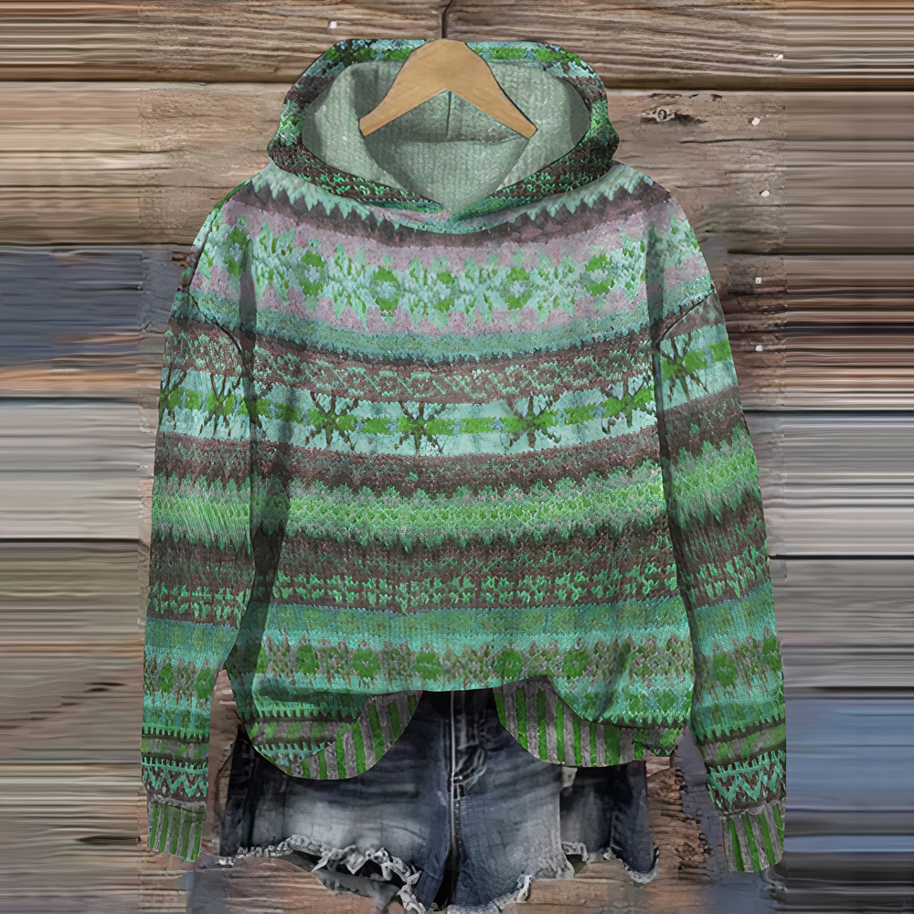 Stylish women's Fair Isle print pullover hoodie. Relaxed fit, cozy for casual wear & winter fashion.