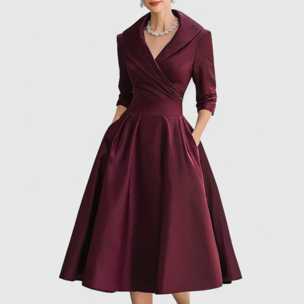 Women's Knee Length Cocktail Dress | Midi Wrap V Neck Satin