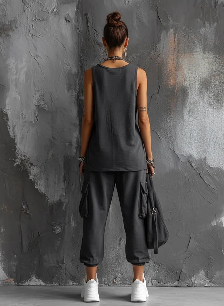 Women's Joggers Set | Round Neck Sleeveless Top Cargo Pockets Relaxed Fit