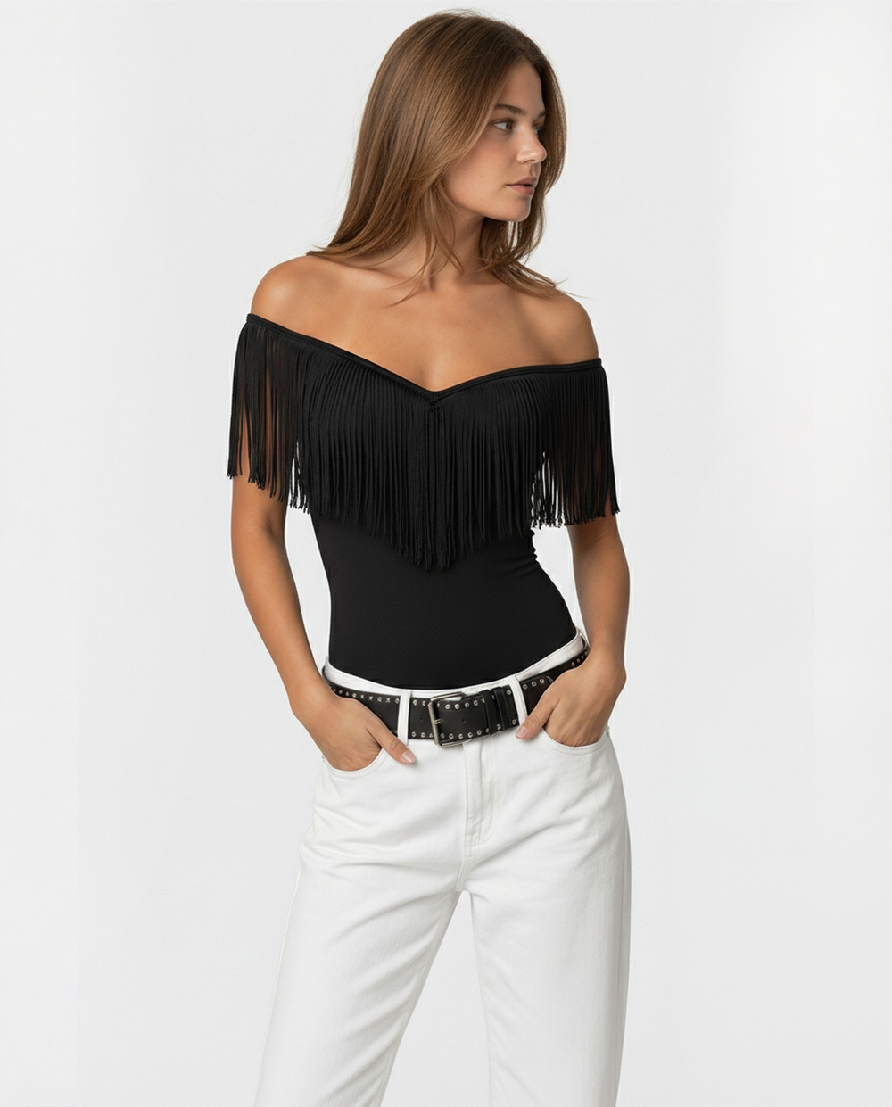 Women's Off The Shoulder Top | Fringe Detail V Neckline Sculpted Fit