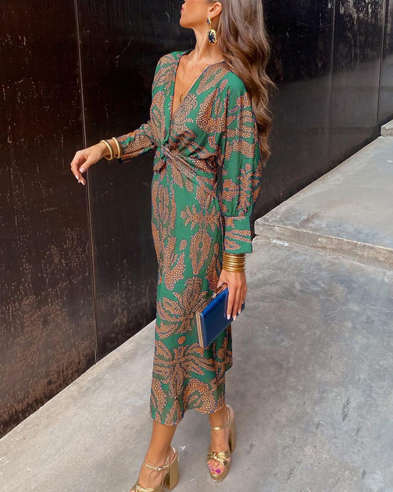 Women's Wedding Guest Dress | Midi V-Neck Long Sleeve Printed