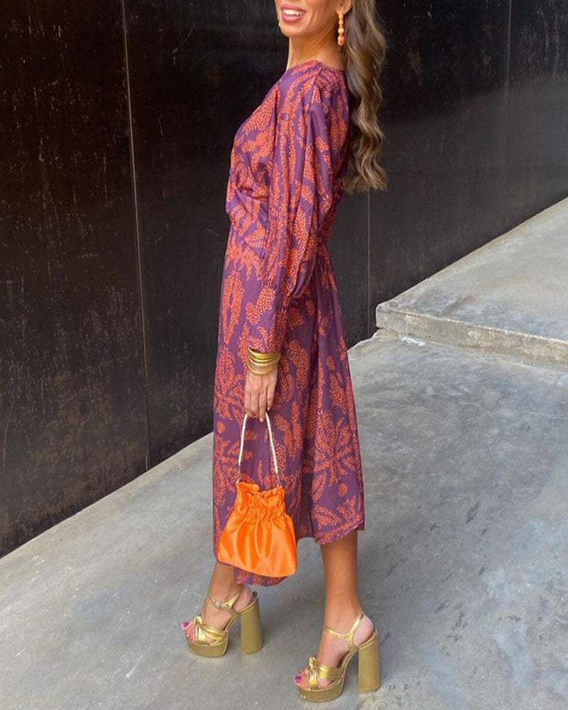 Women's Wedding Guest Dress | Midi V-Neck Long Sleeve Printed