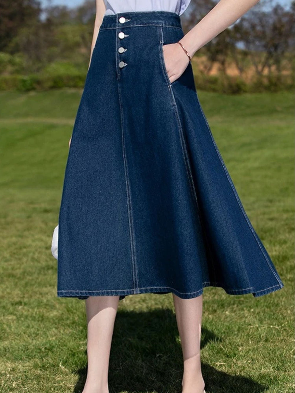 Women's Denim Skirt | Midi A-Line Buttoned Waist Pleated