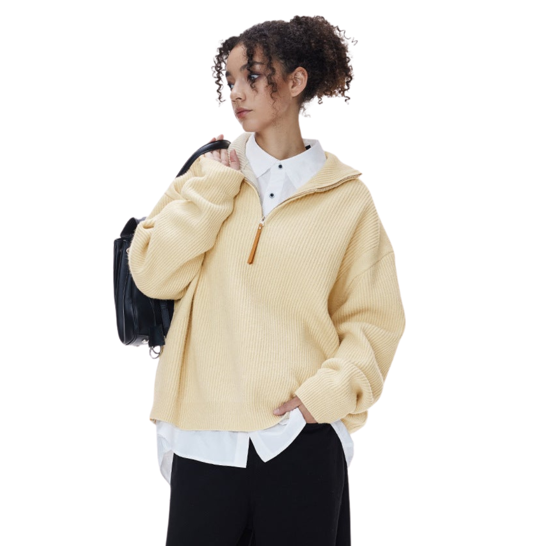 Women's Quarter Zip Sweater | Ribbed Knit High Neck Long Sleeve Relaxed Fit