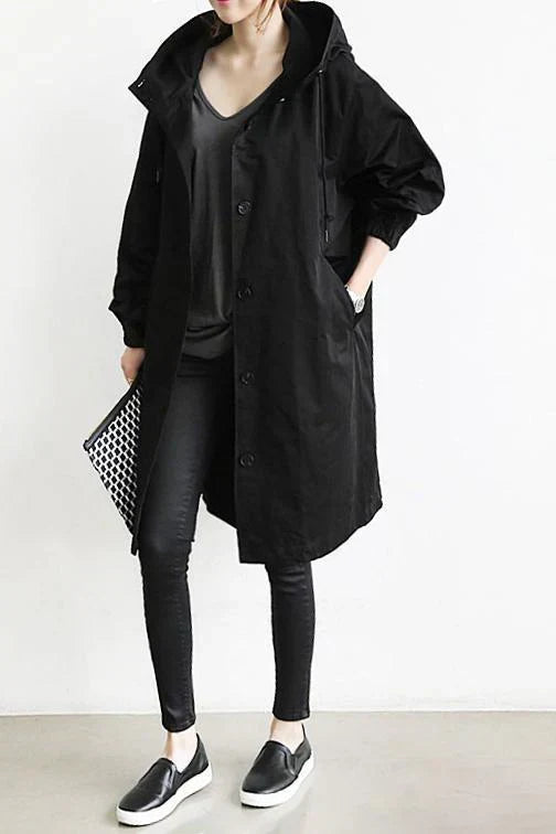 Women's Trench Coat | Hooded Button Closure Long