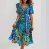 Women's Cocktail Dress | Midi Length V-Neck Short Sleeve Printed