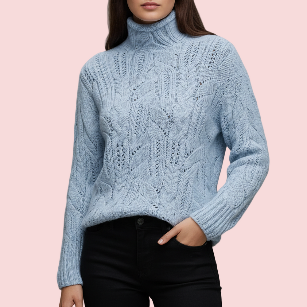 Women's Cashmere Sweater | Turtleneck Cable Knit Long Sleeve Relaxed Fit
