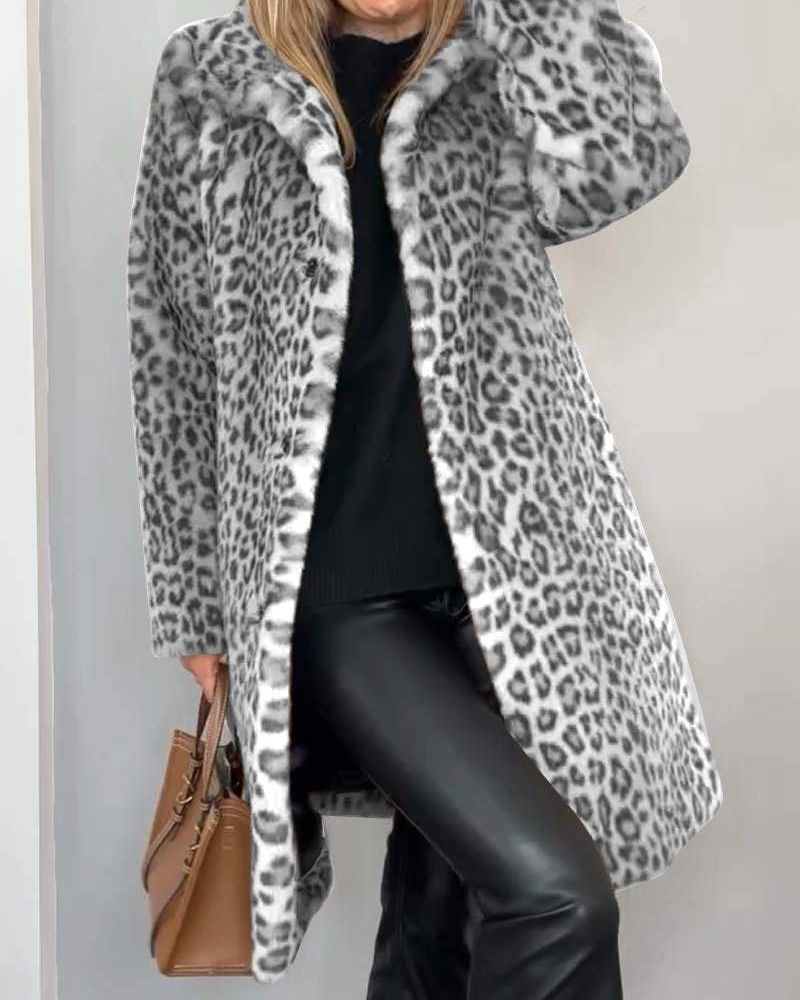 Women's Fur Coat | Leopard Print Collarless Open Front Long