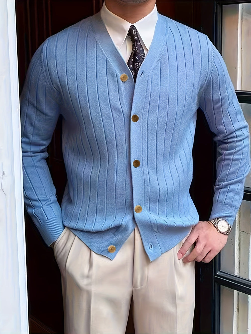 Men's Cardigan | V Neck Ribbed Knit Button Up Long Sleeve