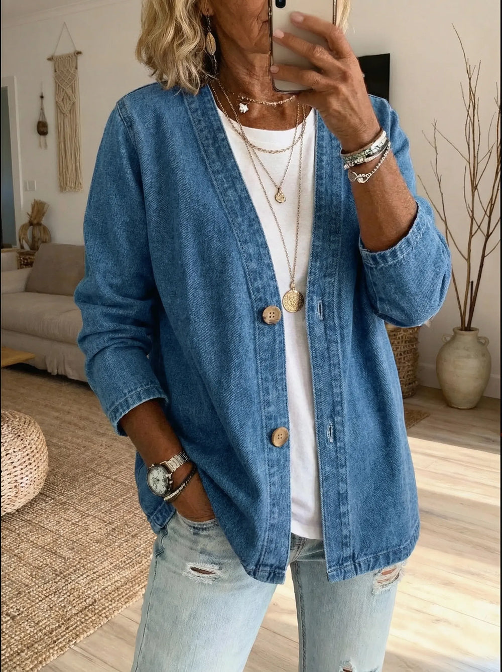 Women's Denim Cardigan | Button Front V Neck Long Sleeve Relaxed Fit