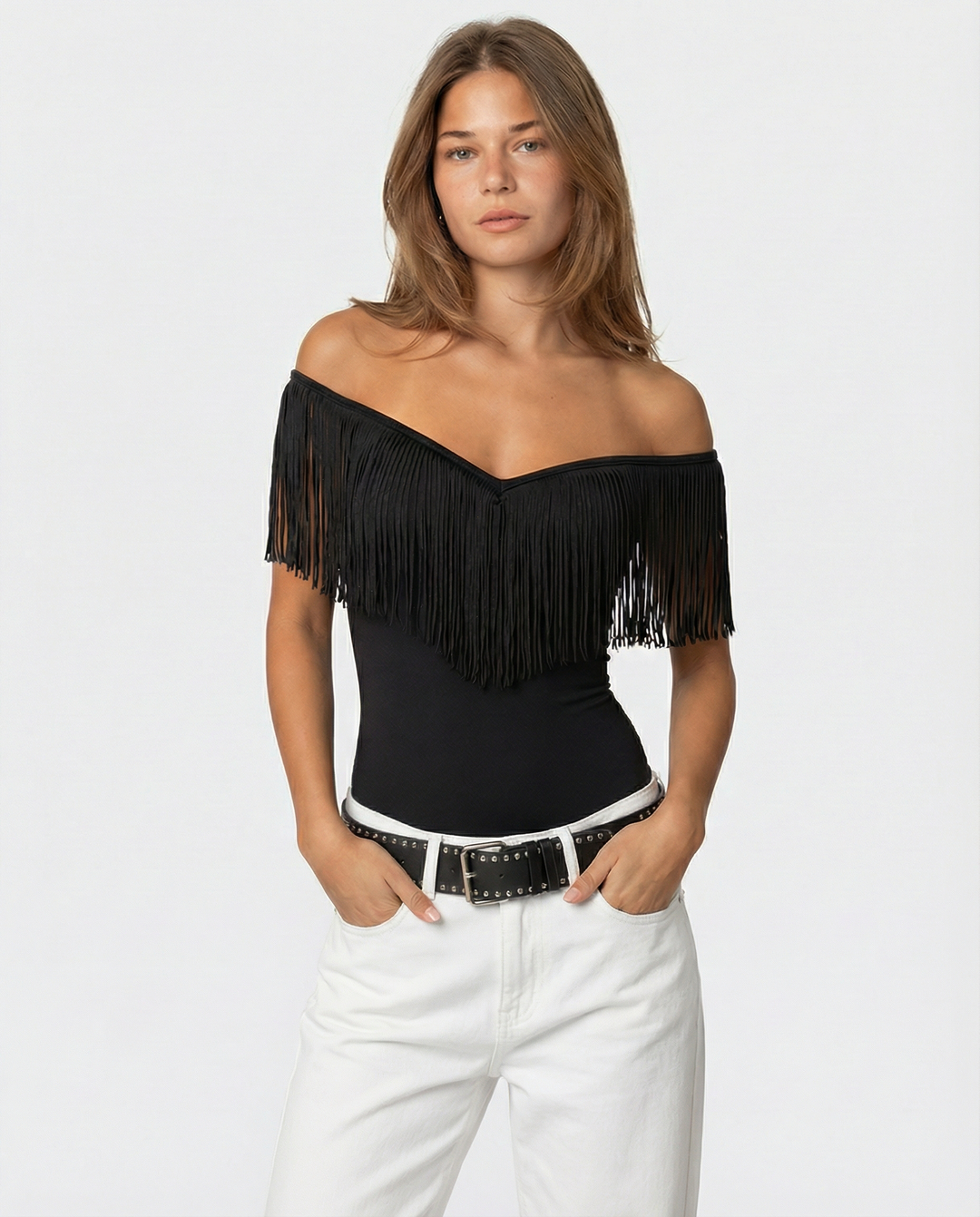Women's Off The Shoulder Top | Fringe Detail V Neckline Sculpted Fit