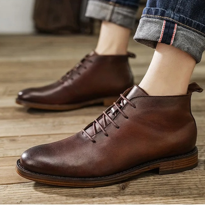 Men's Winter Dress Boots | Leather Lace-Up Stacked Heel