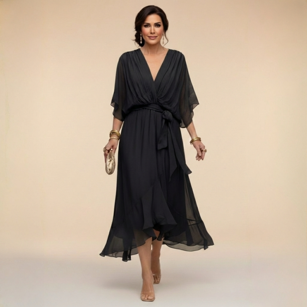 Women's Black Dress | Midi Wrap V-Neck Batwing Sleeve Belted