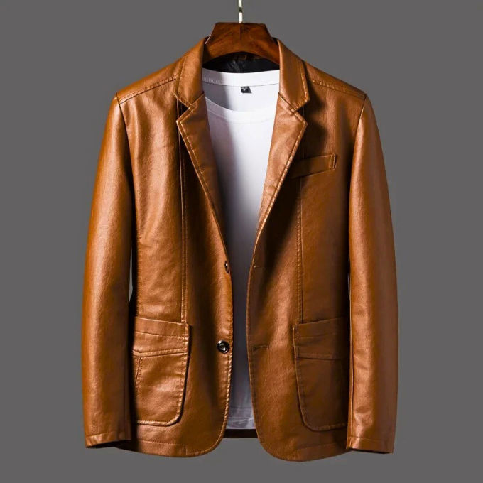 Men's Leather Jacket | Notched Collar Button-Up Blazer Fit Faux Leather