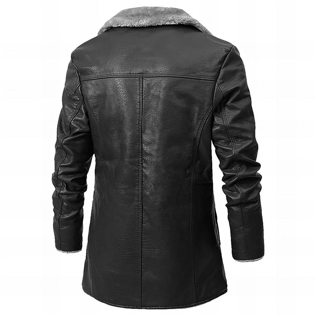 Men's Winter Jacket | Faux Fur Collar Leather Long Sleeve Button Closure