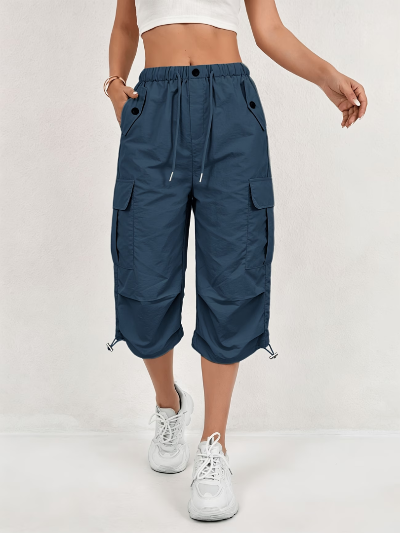 Women's Cargo Pants | Capri Length Elastic Waist Drawstring Multi Pocket