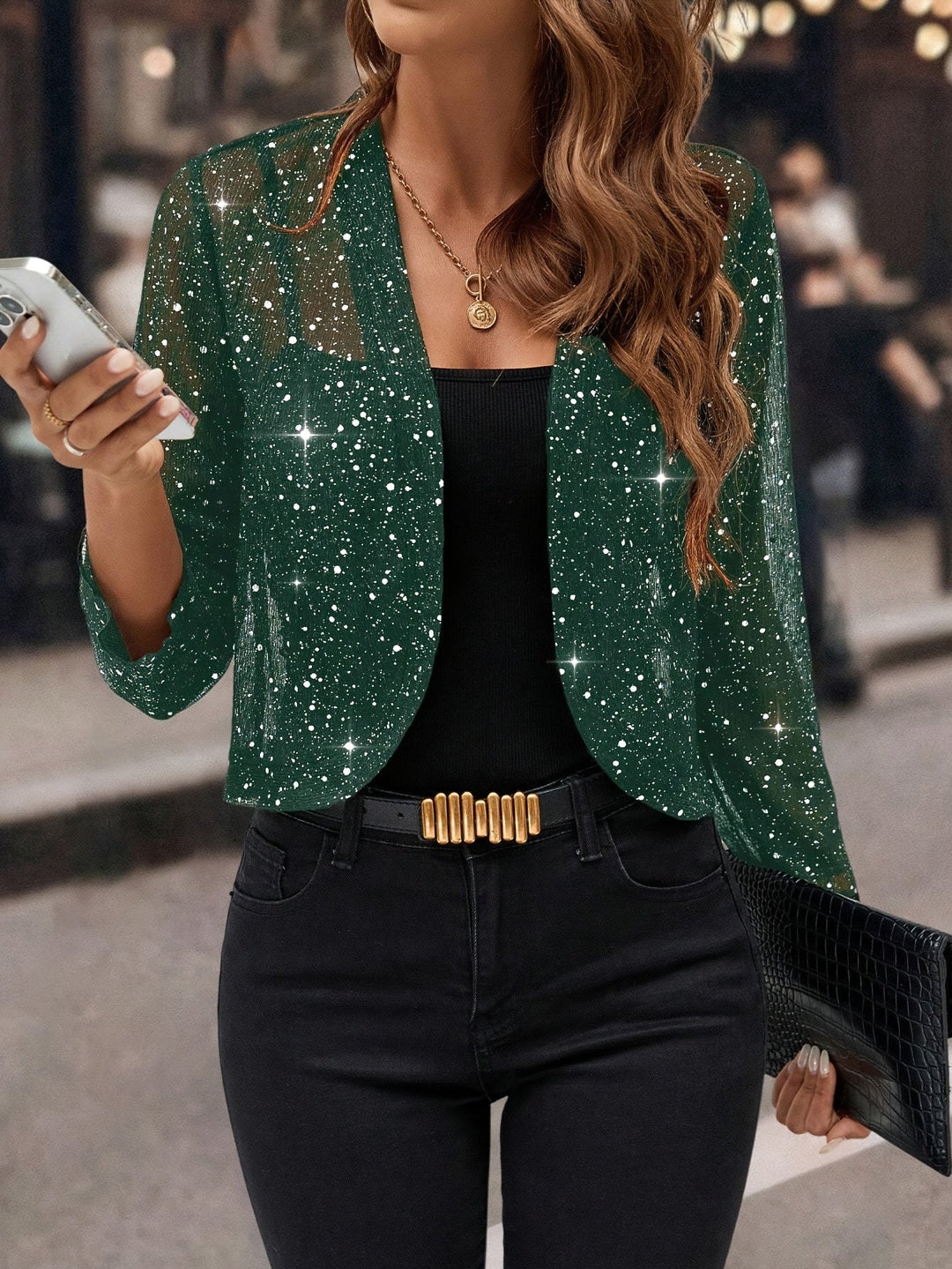 Women's Jacket | Cropped Open Front Shimmer Three Quarter Sleeve