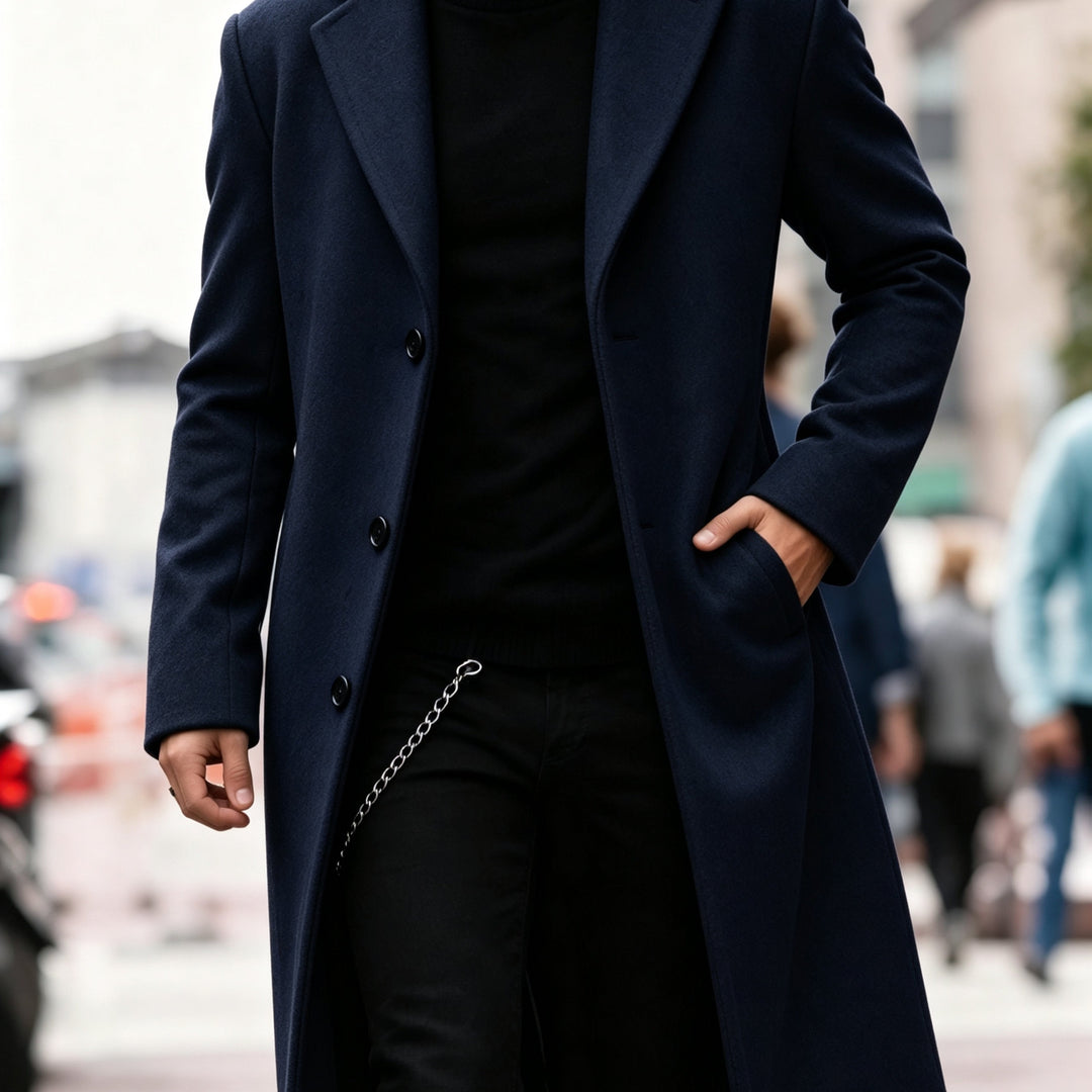 Men's Trench Coat | Long Cut Button Closure Notch Collar