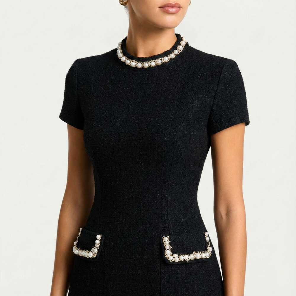 Women's Black Little Black Dress | Mini Pearl Trim Tweed