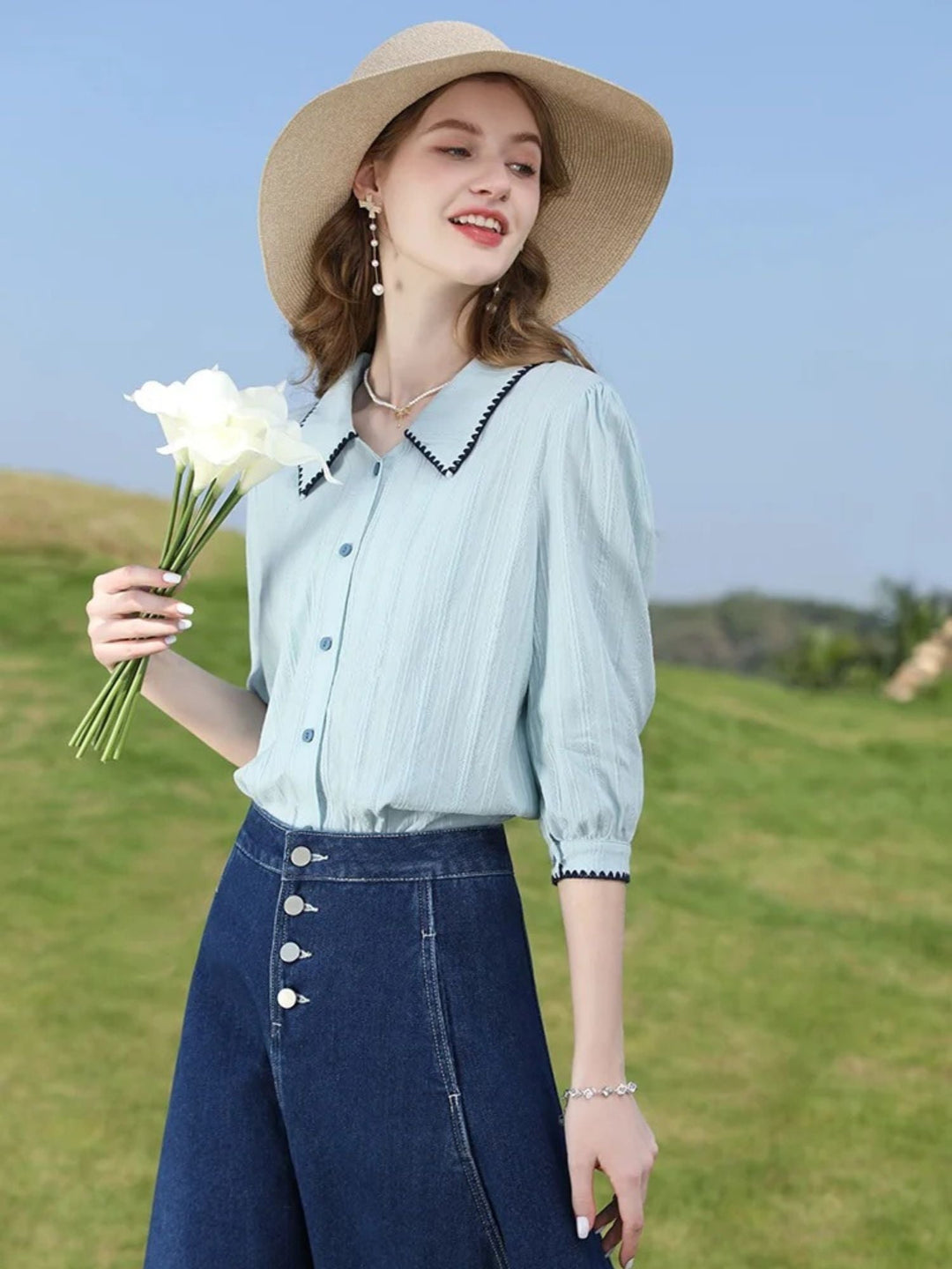 Women's Denim Skirt | Midi A-Line Buttoned Waist Pleated